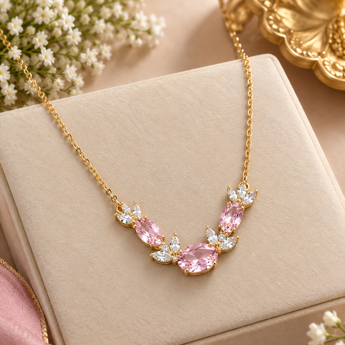 Pink Crystal Floral Pendant Necklace