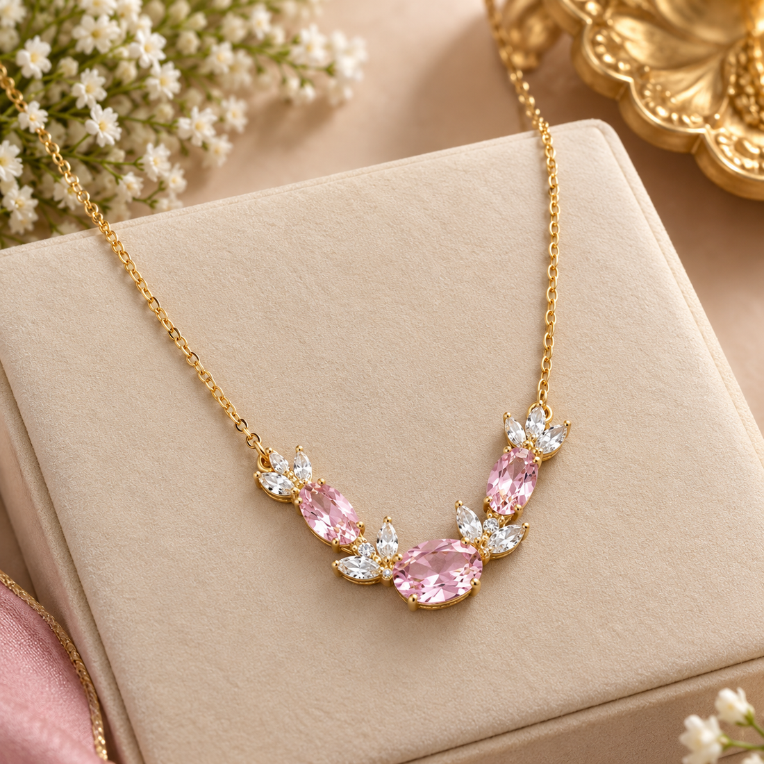Pink Crystal Floral Pendant Necklace