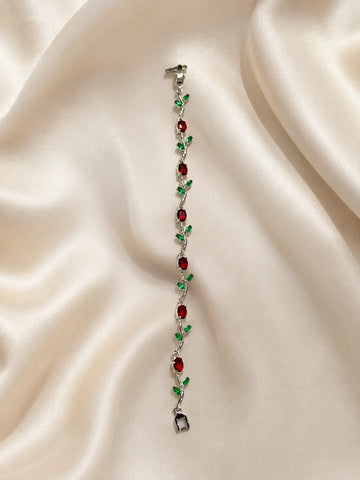 Elegant Silver Red & Green Leaf Bracelet