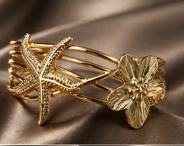 Elegant Gold Starfish & Flower Cuff Bracelet
